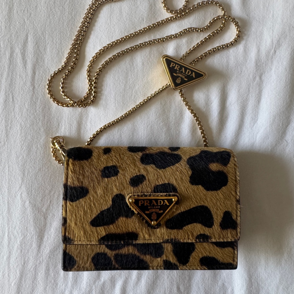 NWT Prada - Leopard Print Mini Bag | Printed leather card holder on gold chain - Picture 2 of 14